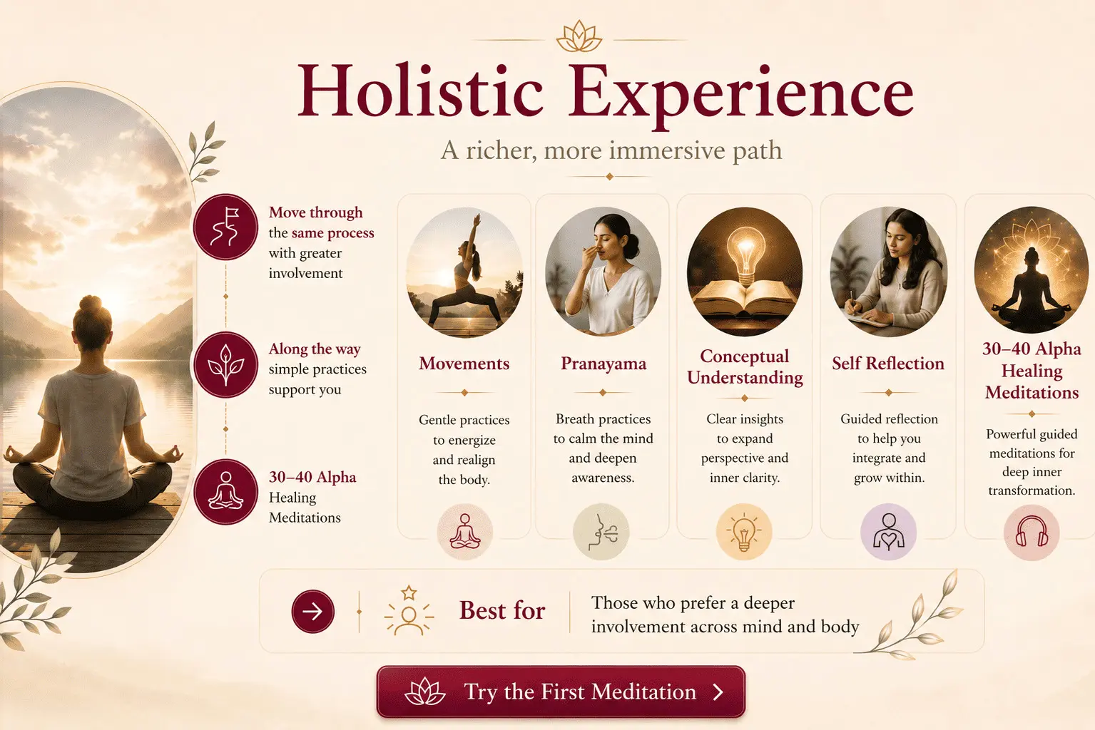 Overview of the Holistic Experience combining Alpha Healing Meditations with movement, pranayama, self-reflection and conceptual learning for deeper personal growth.