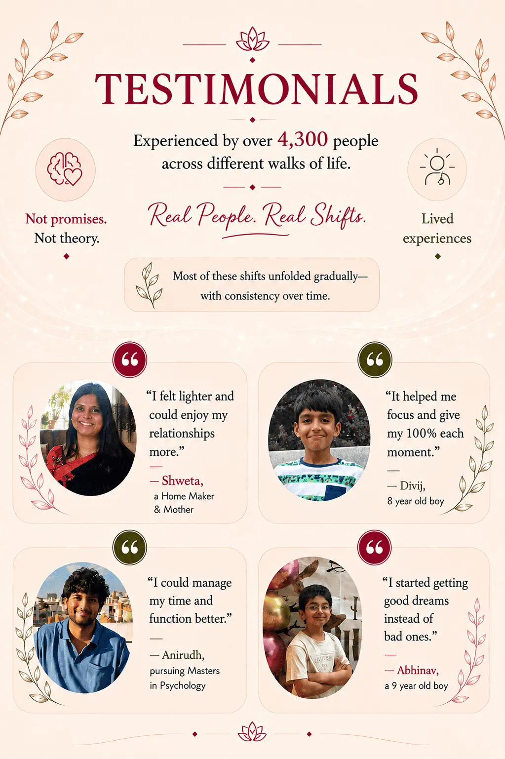 Testimonials from participants describing positive experiences with Alpha Healing Meditations, including improvements in relationships, focus, emotional wellbeing and daily life.