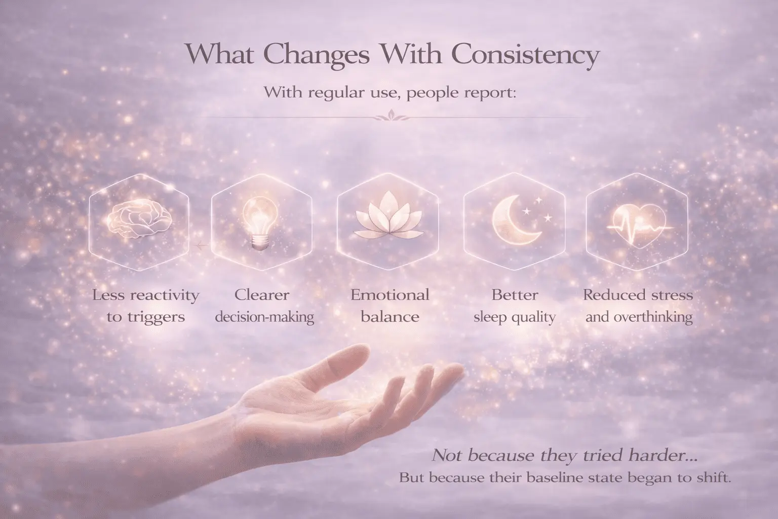 Illustration showing how consistent practice of Alpha Healing Meditations may gradually support reduced emotional reactivity, clearer thinking, emotional balance, improved sleep quality and lower stress by encouraging lasting subconscious restoration over time.