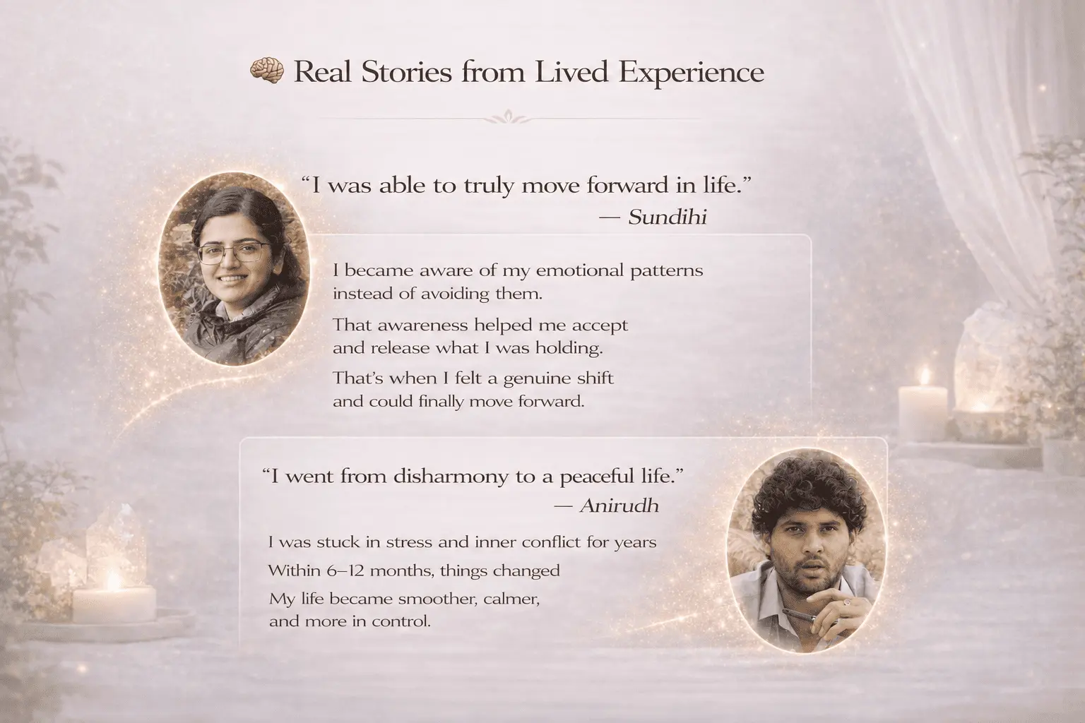 Collection of real experiences shared by people describing their journeys with Alpha Healing Meditations, highlighting greater emotional awareness, inner calm, personal growth and meaningful life changes through consistent practice.