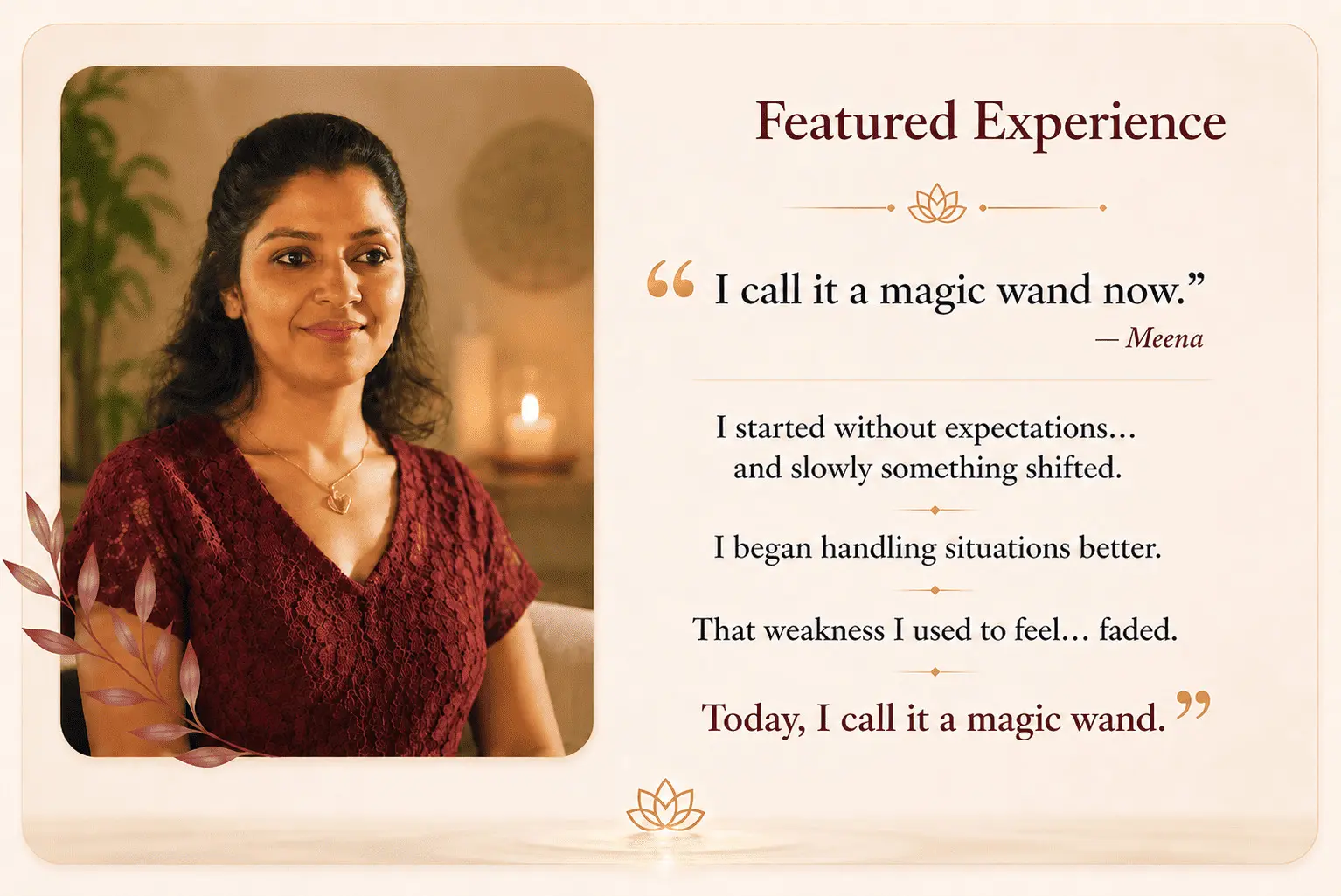 Featured participant story describing gradual inner transformation and increased confidence through consistent Alpha Healing Meditation practice.