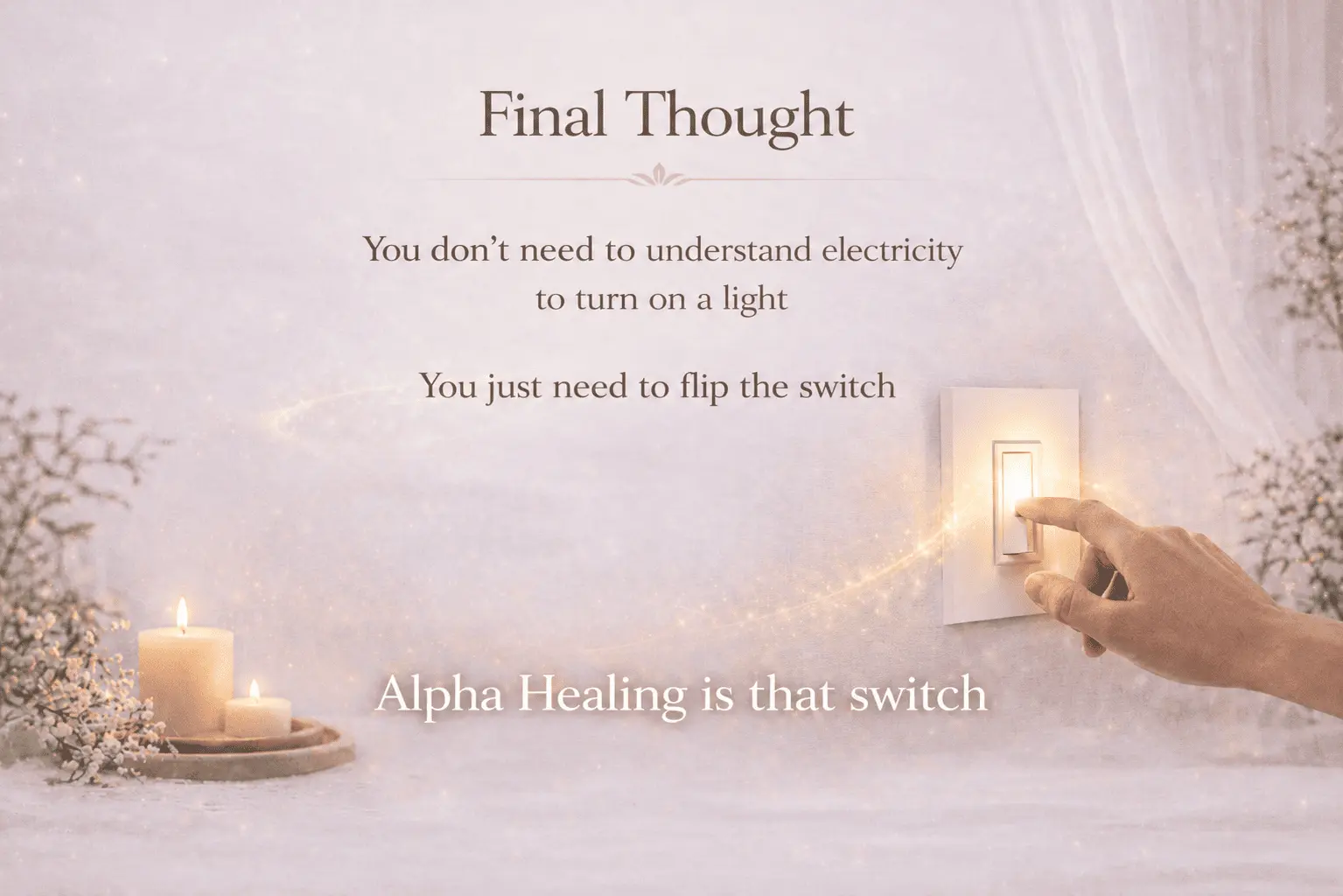 Closing illustration encouraging people to begin their journey with Alpha Healing Meditations, showing that lasting subconscious restoration begins with one simple step taken consistently rather than needing to understand every aspect of the healing process.