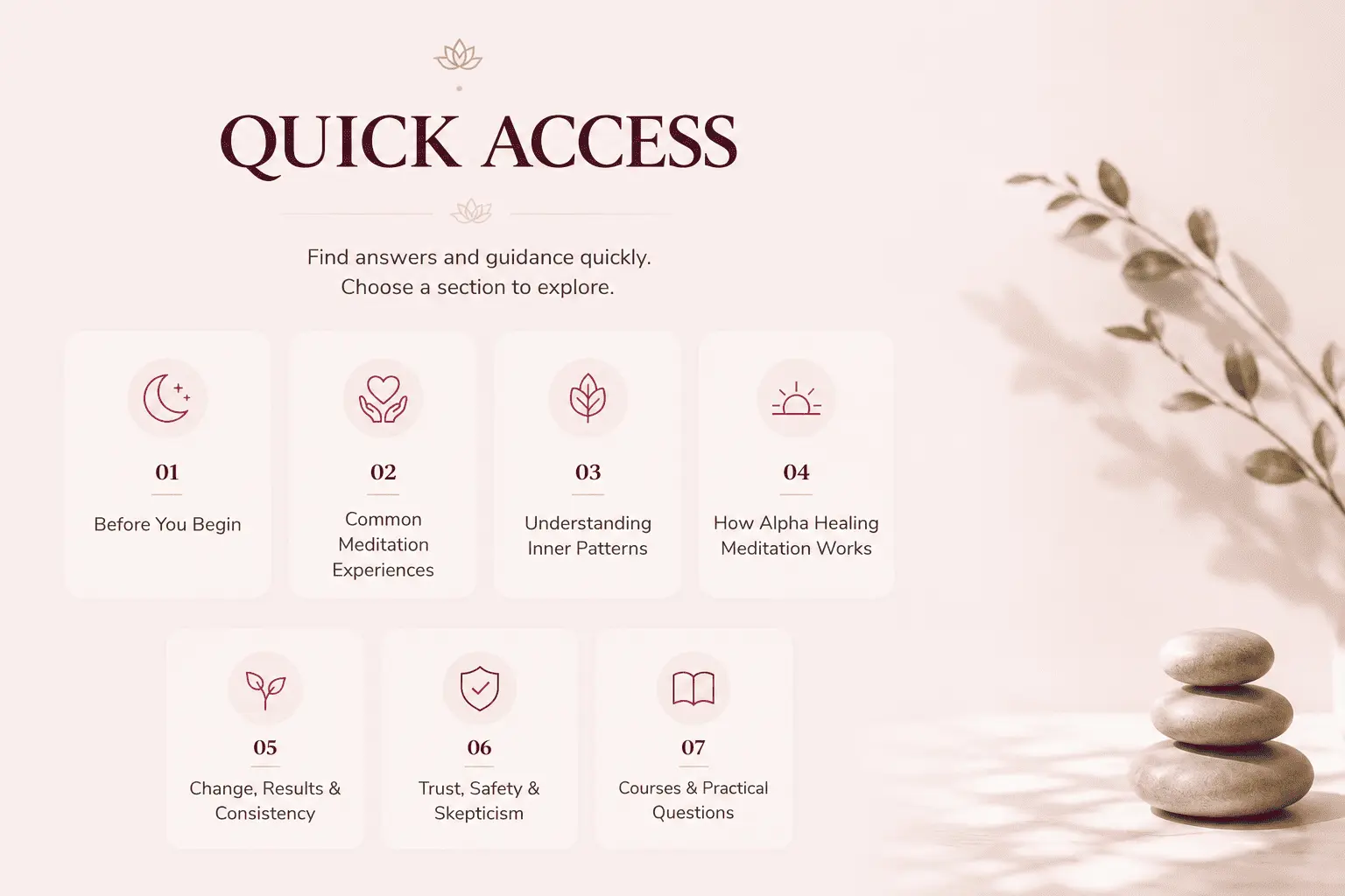 Quick Access guide for Alpha Healing Meditation Frequently Asked Questions, showing organized sections including Before You Begin, Common Meditation Experiences, Understanding Inner Patterns, How Alpha Healing Meditation Works, Change and Results, Trust and Safety, and Courses and Practical Questions.