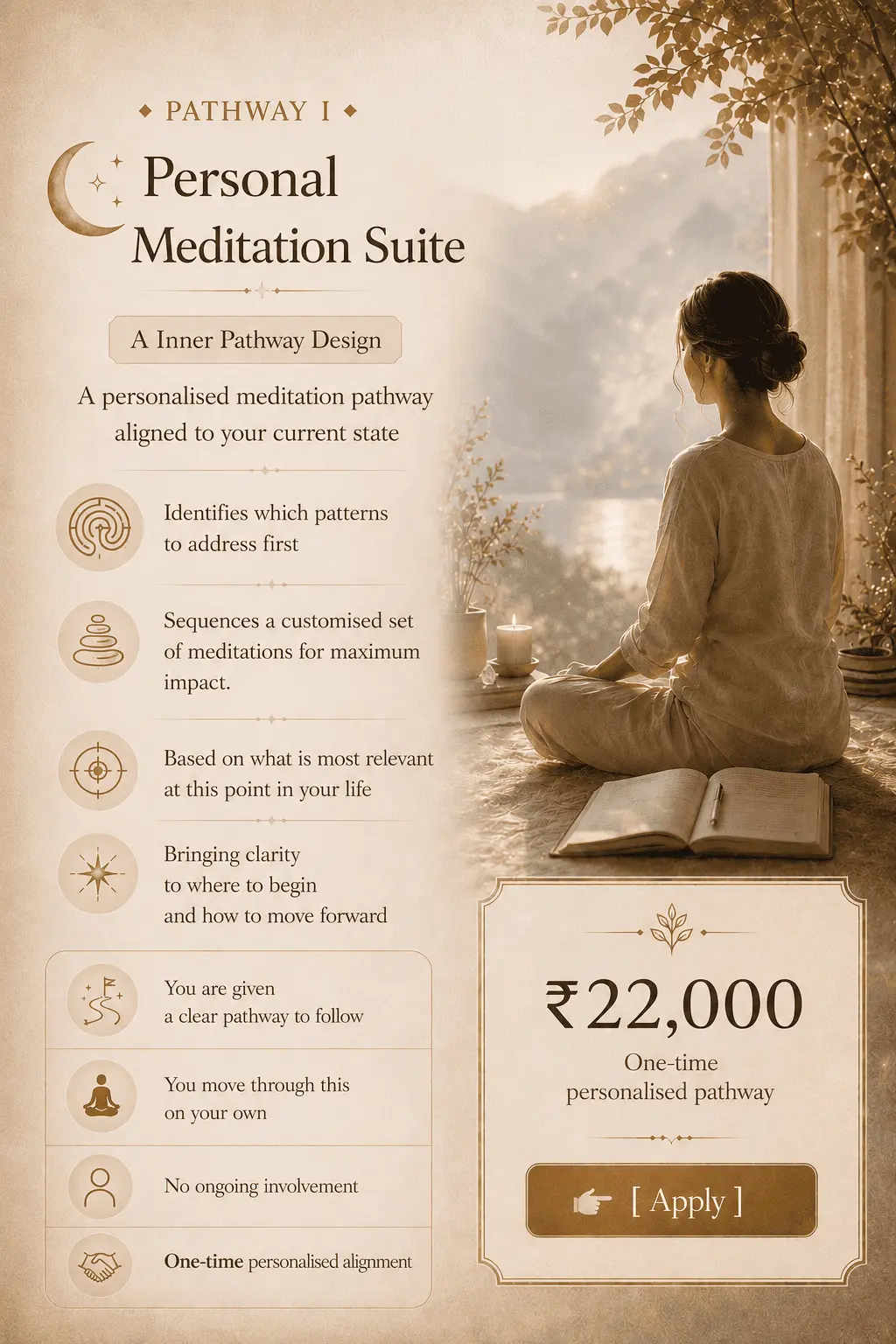 Personal Meditation Suite illustrating a personalised Alpha Healing Meditation pathway designed around an individual's current life circumstances, identifying the most relevant patterns to address first and creating a customised sequence of meditation practices that provides clarity about where to begin.