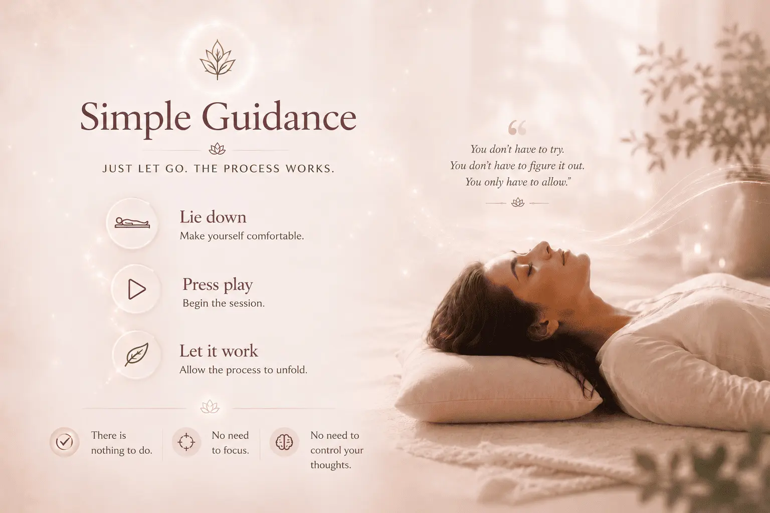 Person lying comfortably during their first Alpha Healing Meditation experience, illustrating the simple guidance to relax, press play and allow the meditation process to unfold naturally without trying to control thoughts or force concentration.