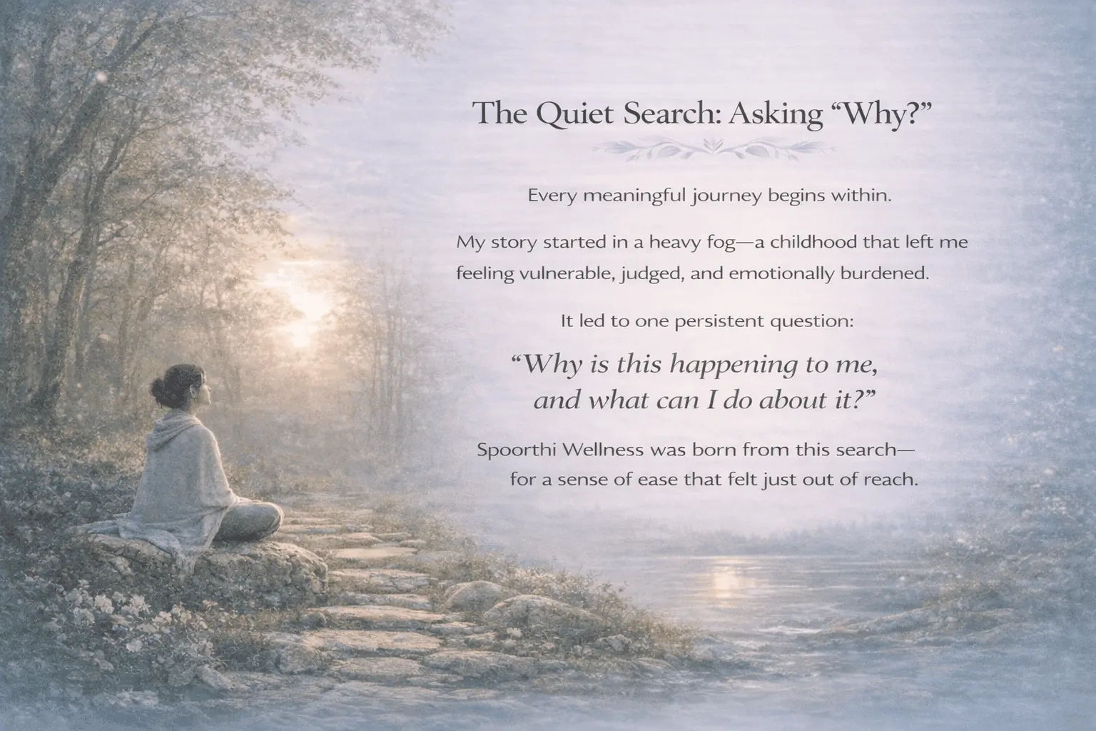 Illustration of a person sitting quietly beside a peaceful lakeside, symbolising the beginning of an inner search for meaning, healing and self-understanding through the simple yet powerful question, “Why?”