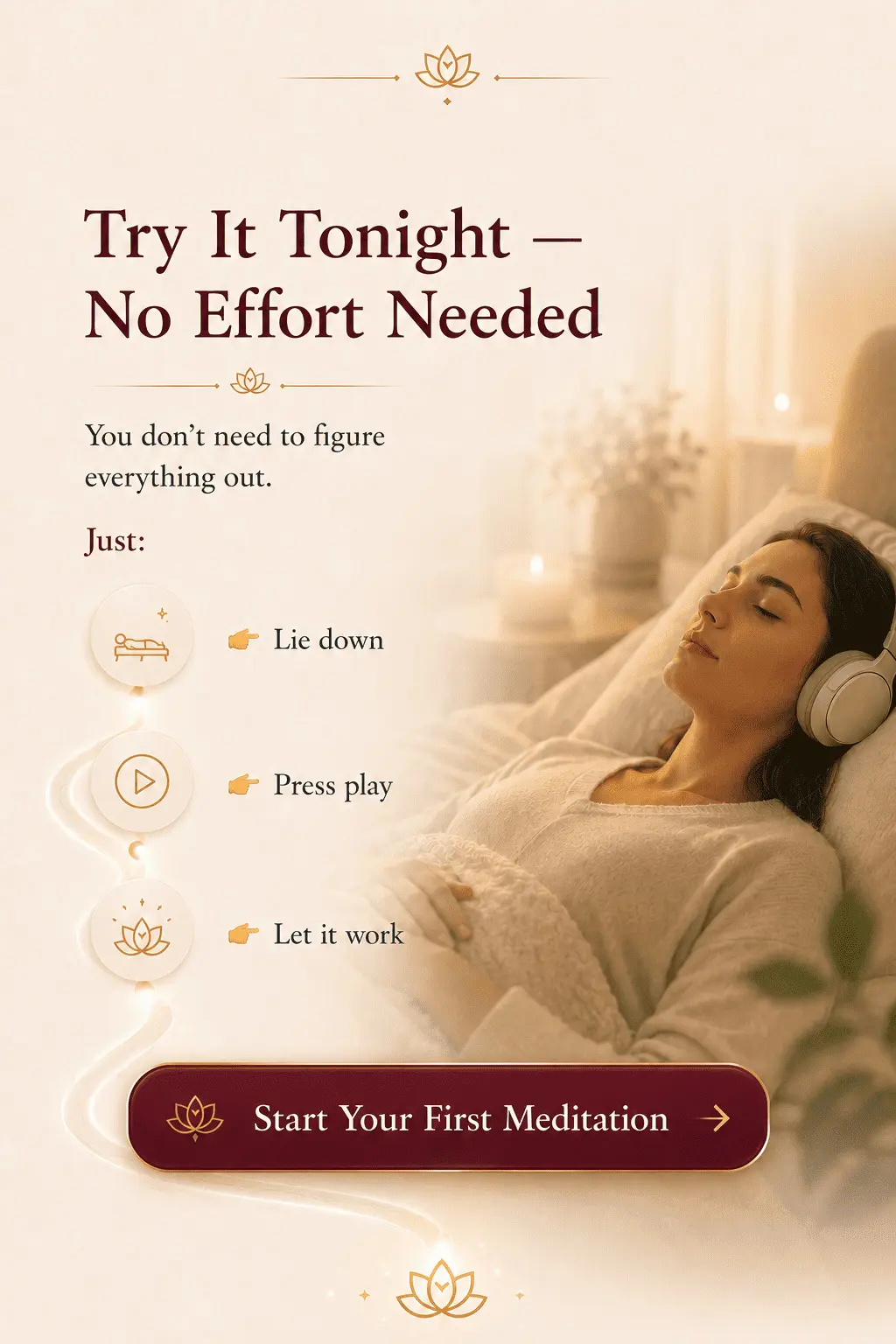 Call to action inviting visitors to begin their first Alpha Healing Meditation by simply lying down, pressing play and relaxing.