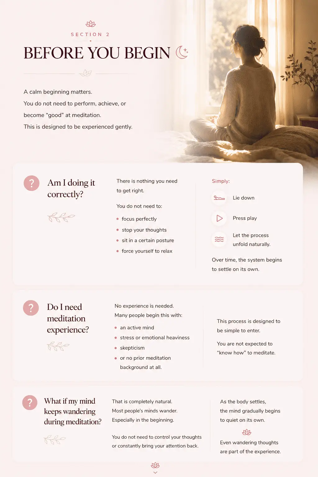 Illustration introducing the Before You Begin section of the Alpha Healing Meditation Frequently Asked Questions, answering common beginner questions about preparing for meditation, getting started, and understanding what to expect before the first session.