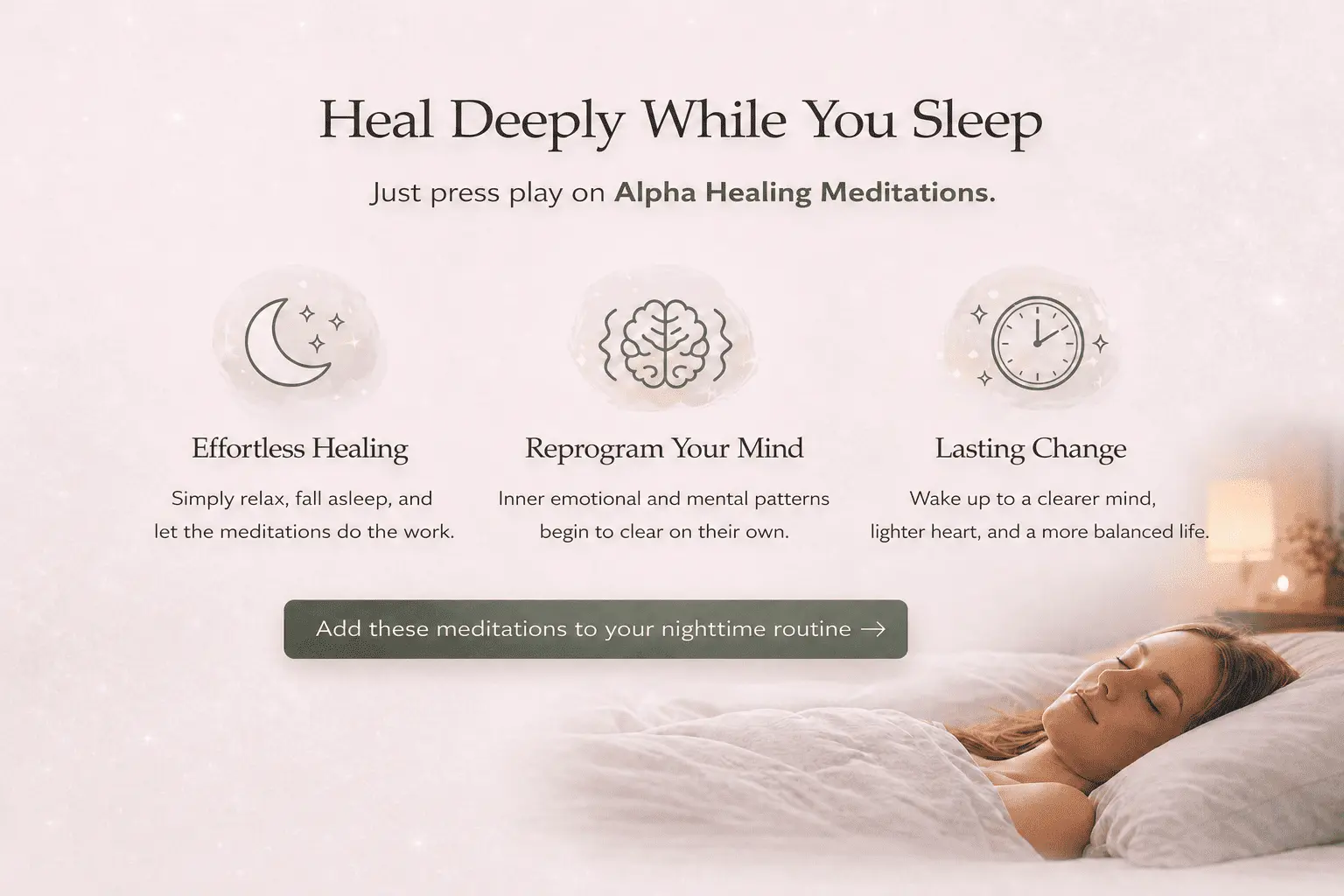 Illustration of a person sleeping peacefully while listening to Alpha Healing Meditations, showing how the mind naturally enters a deeply relaxed Alpha state that supports subconscious restoration, emotional healing and lasting inner transformation during sleep.