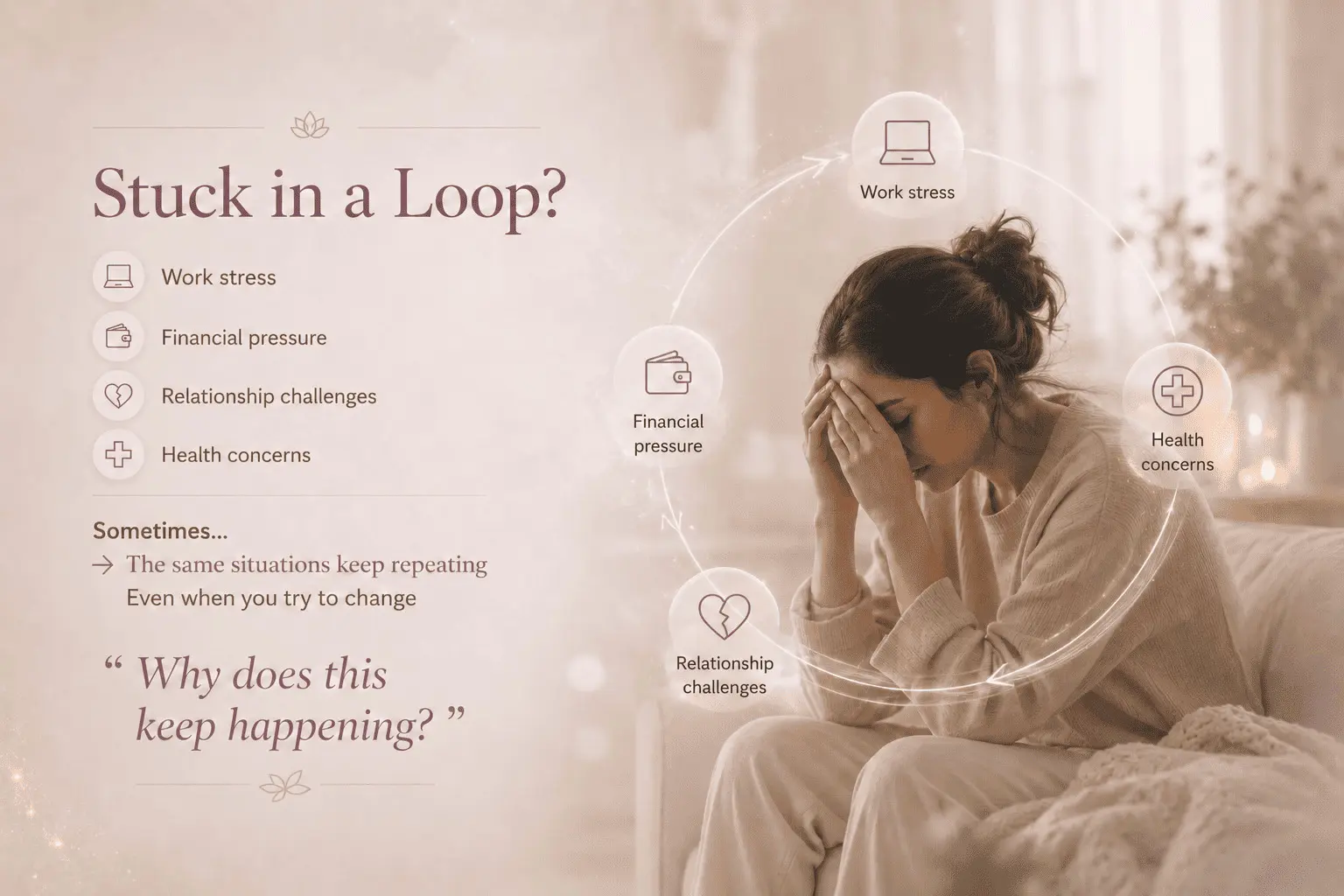 Illustration showing recurring life challenges including work stress, financial pressure, relationship difficulties and health concerns, representing repetitive life patterns.