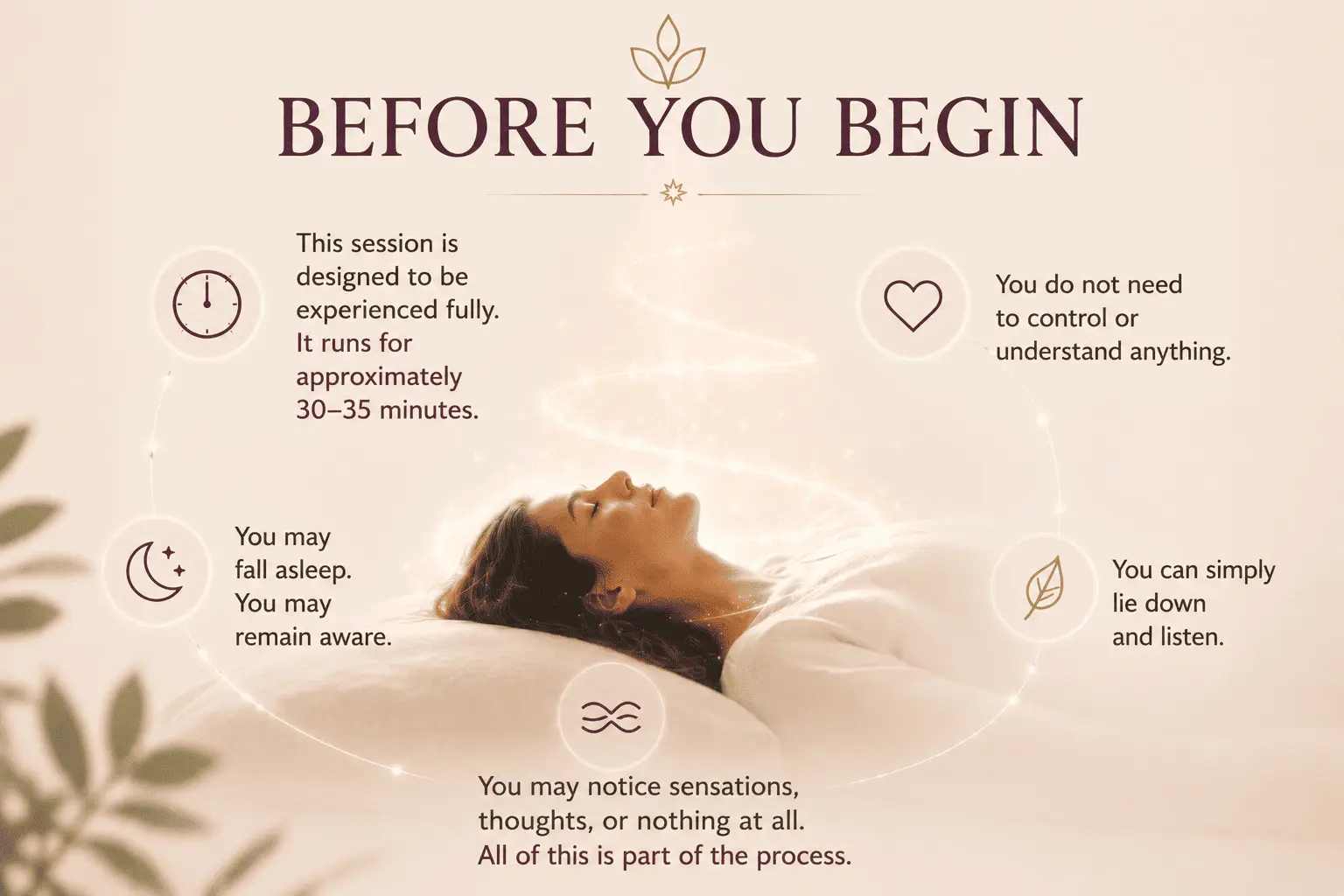 Person preparing for their first Alpha Healing Meditation session, explaining what to expect before beginning, including session duration, listening comfortably, natural awareness or sleep, and experiencing thoughts, sensations or quietness without needing to control the process.