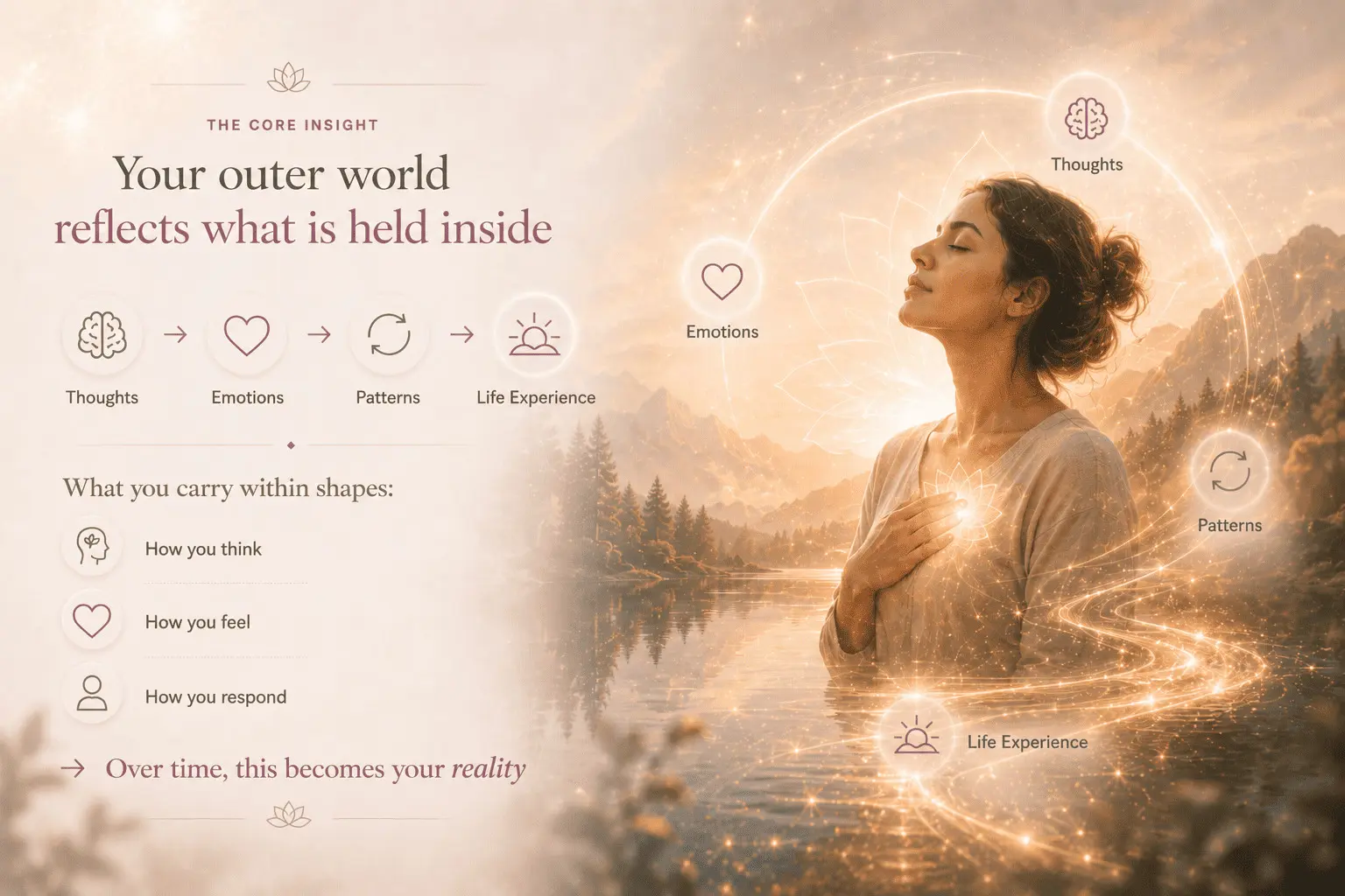 Diagram explaining how thoughts, emotions and inner patterns gradually shape everyday life experiences and personal responses.