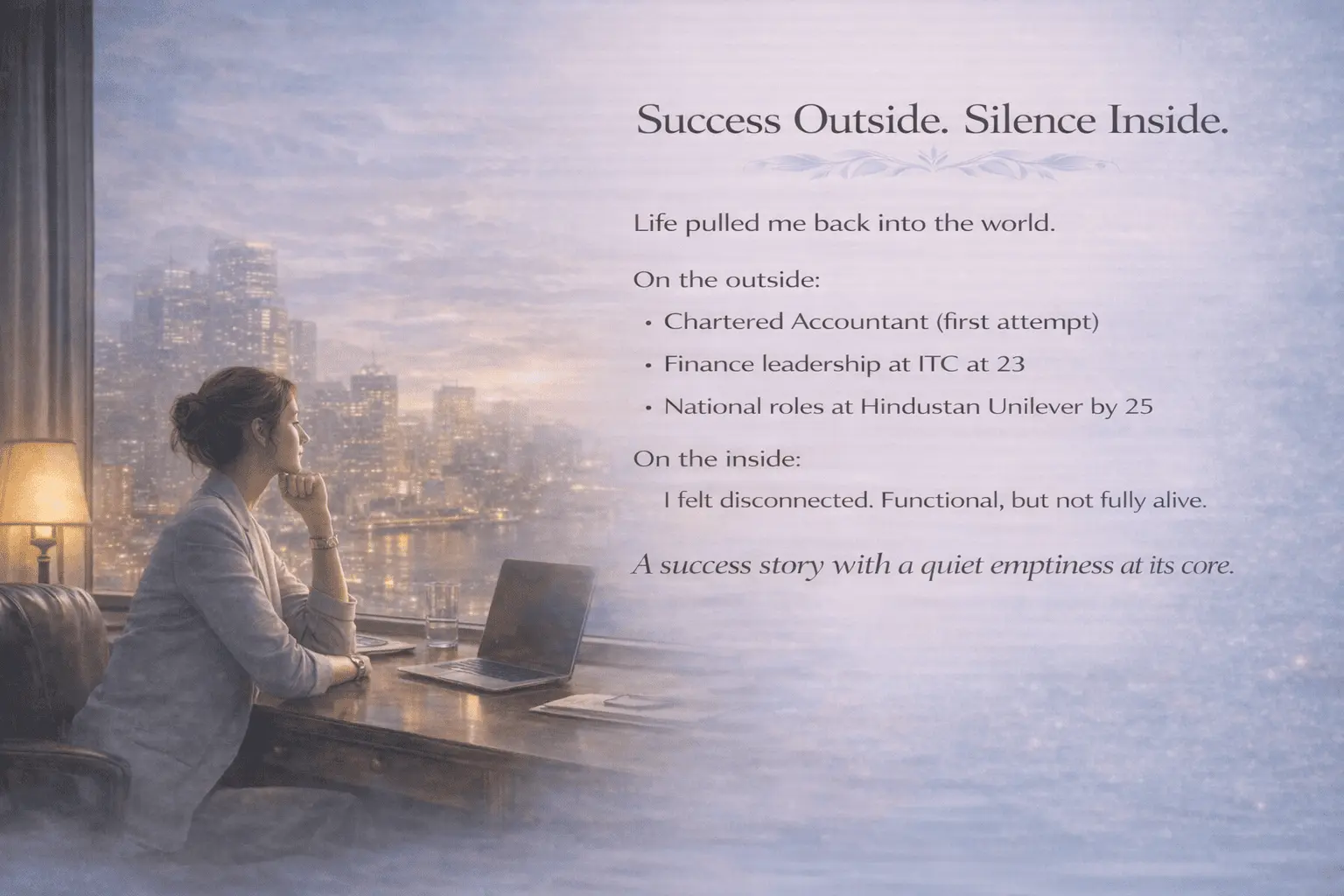 Illustration of a successful professional looking out over a city skyline, symbolising the contrast between outward achievement and an inner search for peace, fulfilment and emotional wellbeing.
