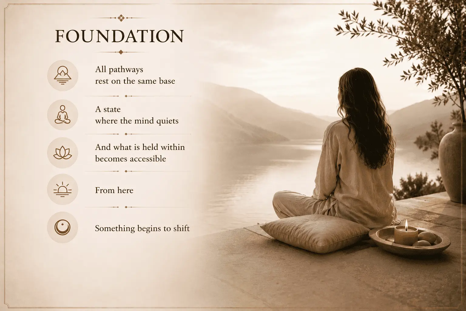 Foundation of Alpha Healing Meditation illustrating the quiet inner state from which every personalised meditation pathway begins, where the mind settles, deeper awareness becomes accessible and lasting inner change can naturally emerge.