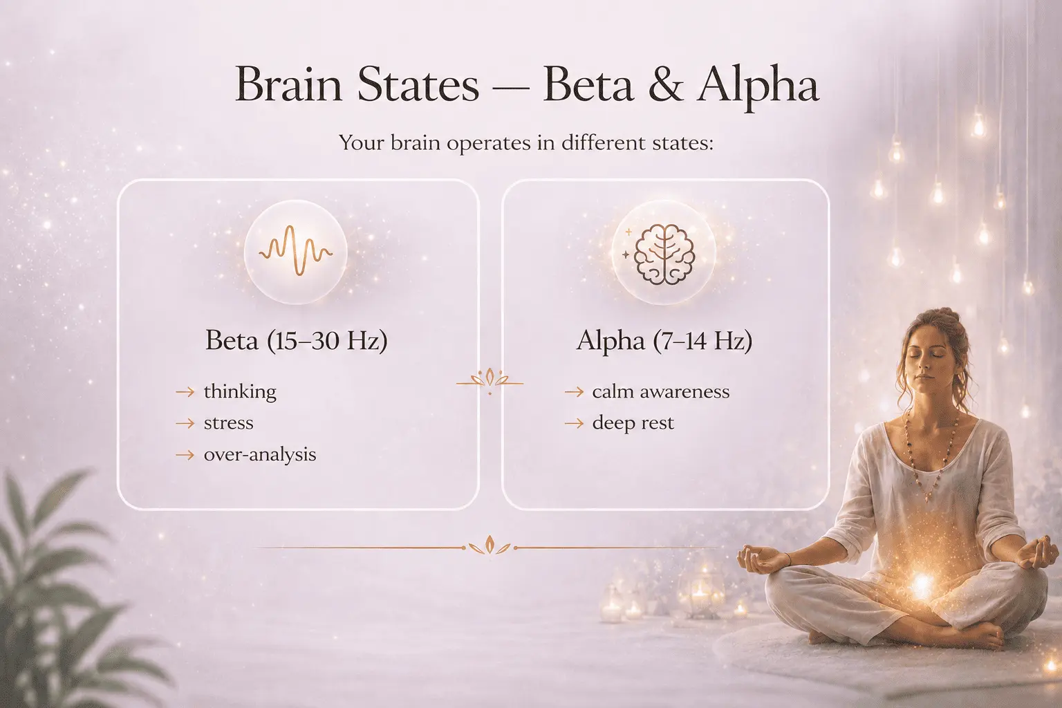 Illustration comparing Beta and Alpha brain states, showing how Alpha Healing Meditations help the mind move from active thinking and stress into a deeply relaxed Alpha state that supports subconscious restoration, emotional healing and inner transformation.