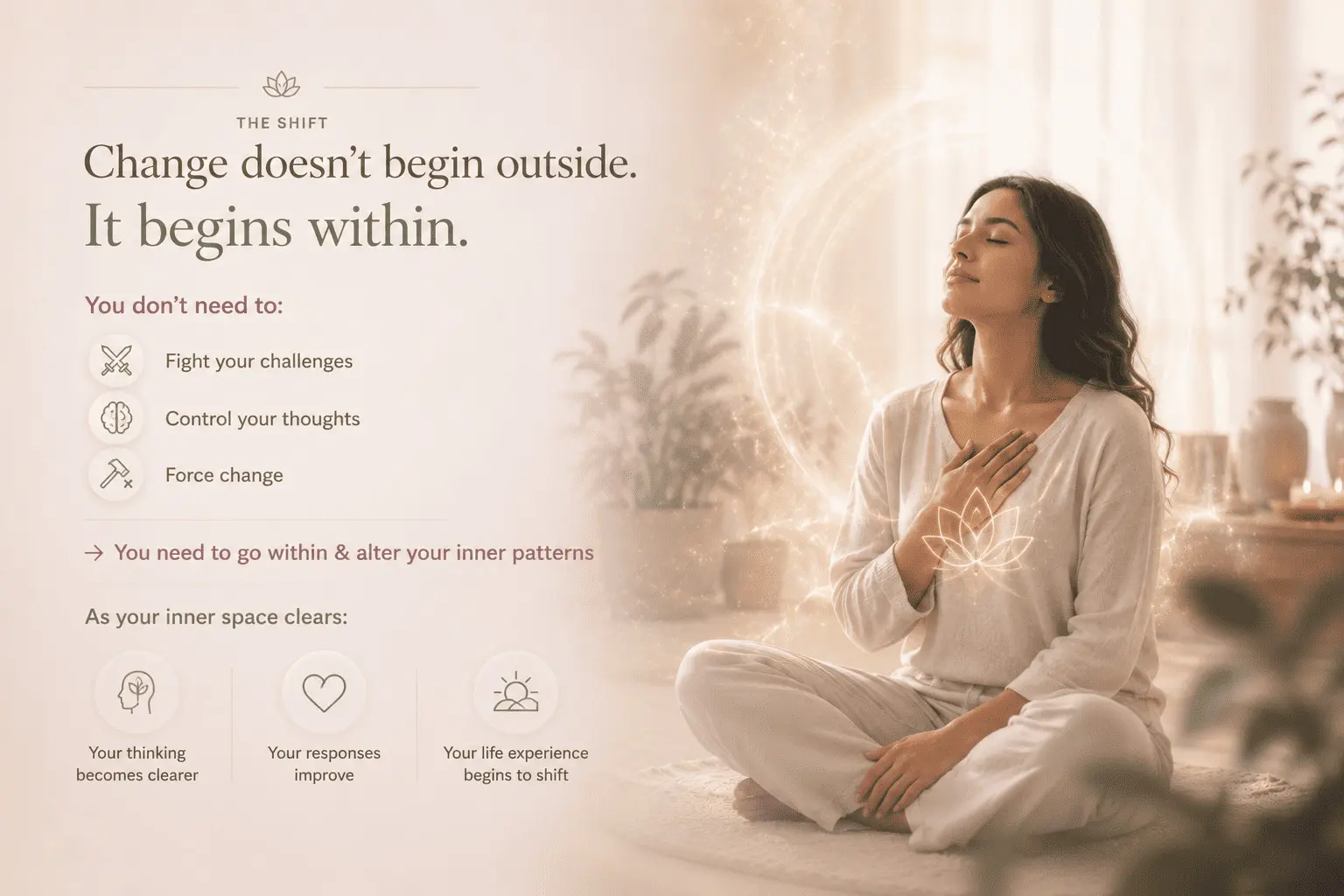 Illustration explaining that lasting personal transformation begins by changing inner patterns rather than trying to control external circumstances.