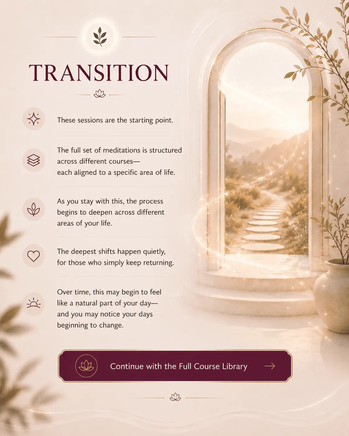 Illustration inviting users to continue their Alpha Healing Meditation journey by exploring the complete meditation course library after completing the introductory sessions, building on their first meditation experience with structured guided practices.
