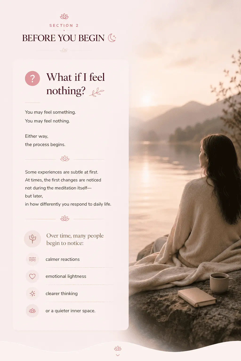 Illustration explaining what happens during an Alpha Healing Meditation session, helping beginners understand the meditation process, the relaxed Alpha state, and what they may naturally experience while listening.