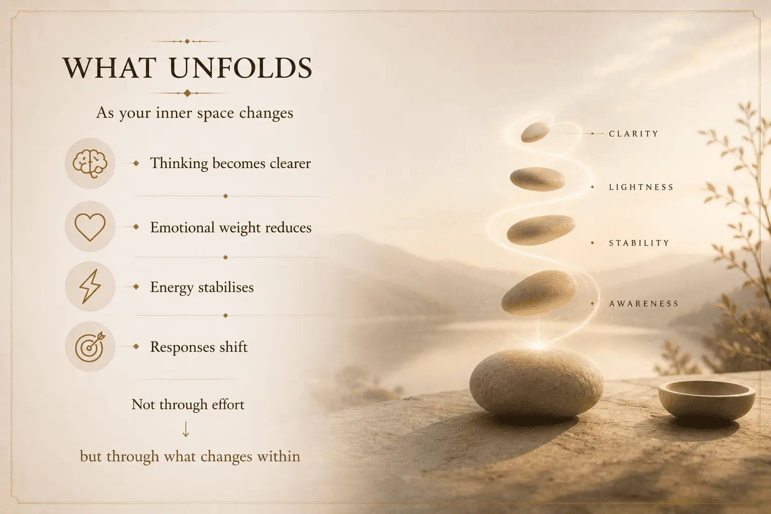 Illustration of how Alpha Healing Meditation gradually unfolds through greater inner clarity, emotional lightness, stability and awareness as inner patterns begin to shift naturally over time.