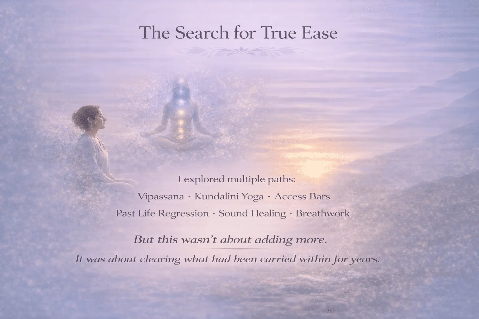 Illustration representing a journey through different healing and self-development practices, symbolising the search for true ease, emotional wellbeing and lasting inner transformation through direct personal experience.