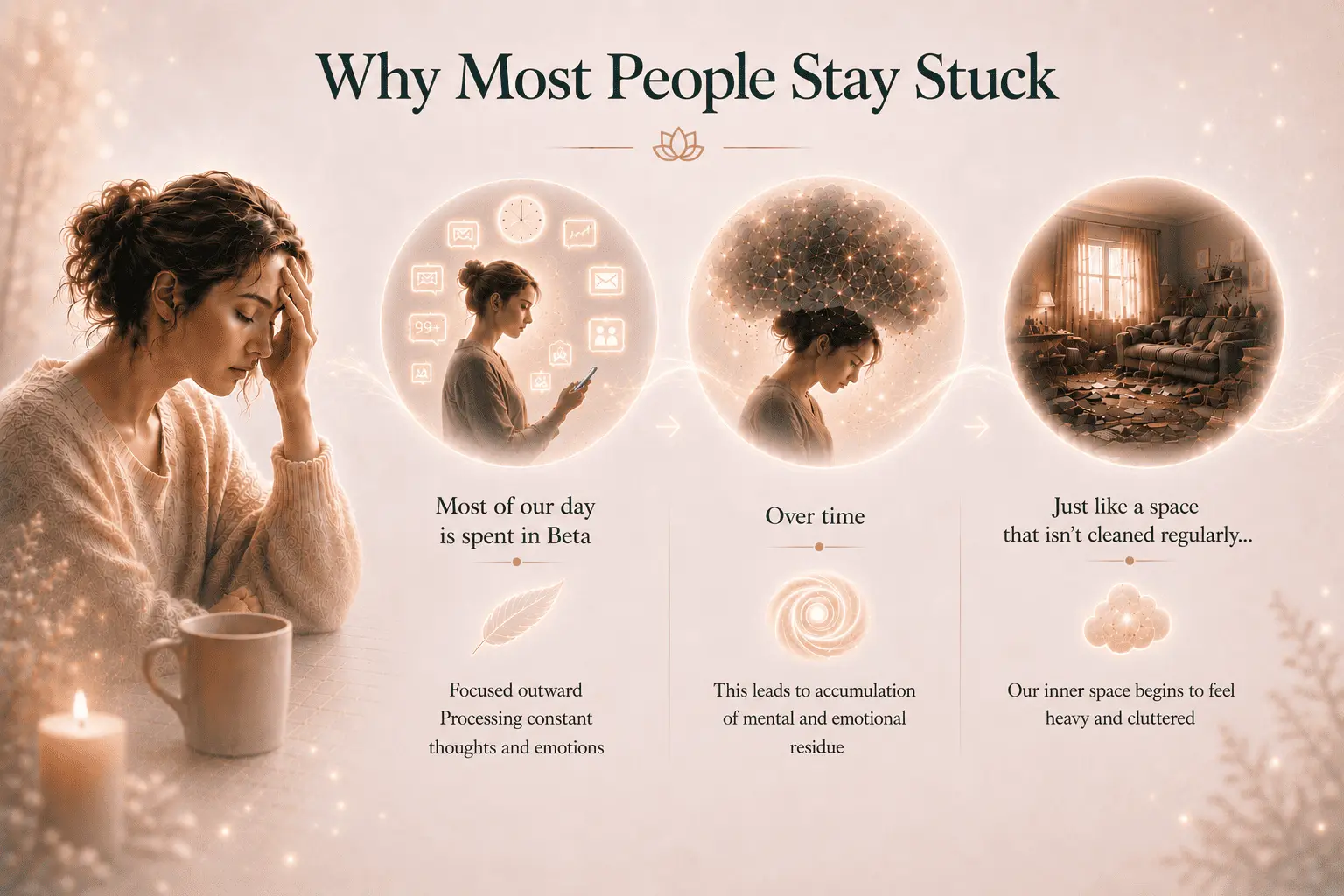 Illustration explaining why many people remain stuck in recurring emotional patterns, showing how continuous mental activity, unresolved emotional experiences and subconscious conditioning gradually accumulate, making the inner world feel heavy until deeper restoration begins through Alpha Healing Meditations.