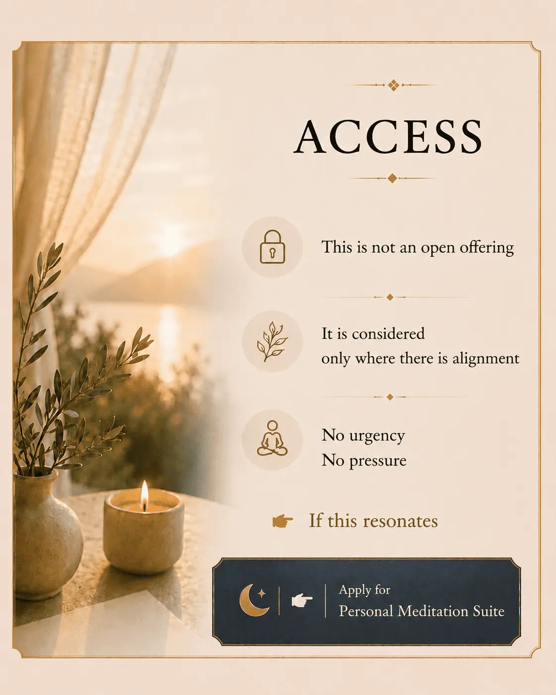 Access to The Curated Experience showing how participants receive a personalised Alpha Healing Meditation pathway, guided review sessions and ongoing access to the recommended meditation practices throughout the three-month journey.