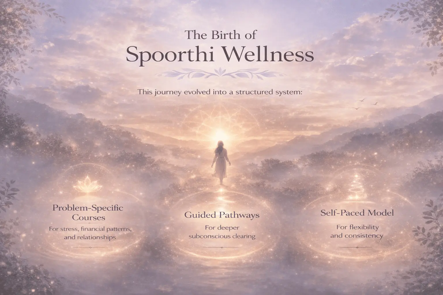 Illustration symbolising the birth of Spoorthi Wellness, where a personal journey of healing and inner transformation evolved into a mission to help others experience emotional wellbeing, inner peace and lasting positive change.