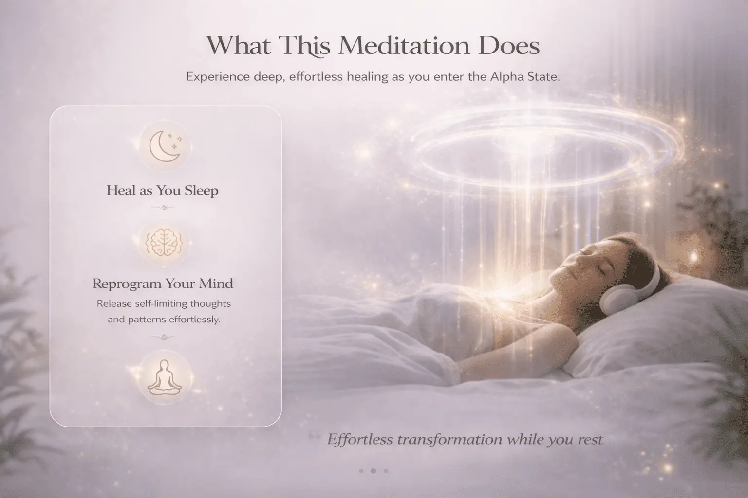Illustration explaining how Alpha Healing Meditations support subconscious restoration by guiding the mind into a deeply relaxed Alpha state, where self-limiting thoughts, emotional patterns and subconscious conditioning can gradually shift towards greater clarity, emotional balance and lasting inner transformation.