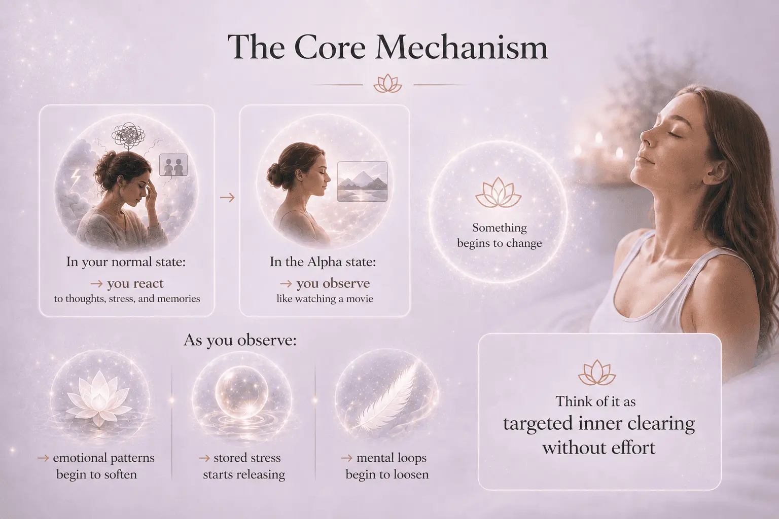 Illustration explaining the core mechanism of Alpha Healing Meditations, showing how entering a deeply relaxed Alpha state helps people observe rather than react to thoughts and emotions, allowing emotional patterns, stored stress and mental loops to gradually soften through subconscious restoration.