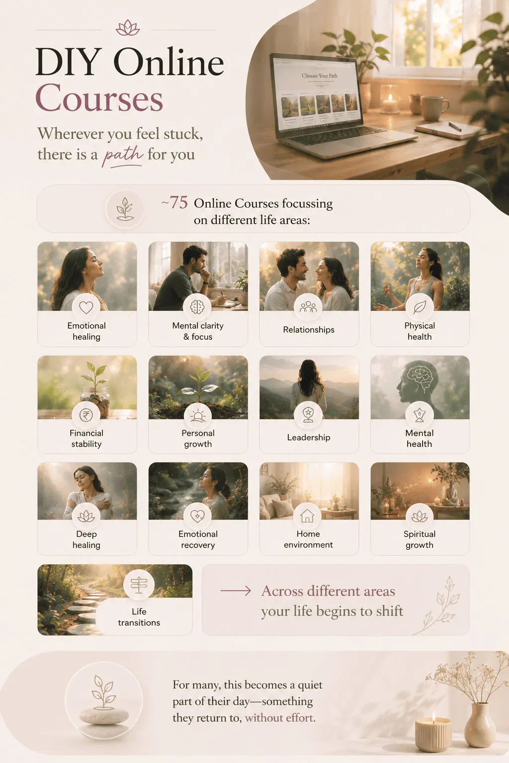 Overview of Spoorthi Wellness online meditation courses covering emotional healing, relationships, mental clarity, health, personal growth and spiritual development.