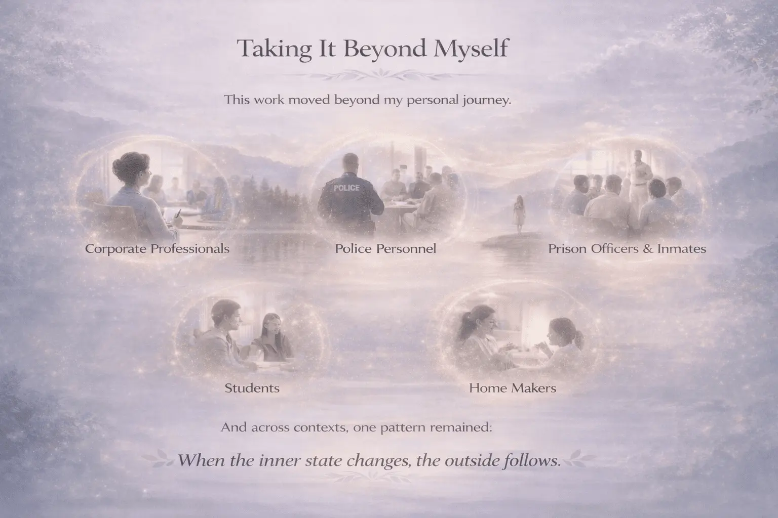 Illustration of people coming together in a supportive community, symbolising the decision to share personal healing experiences and practical tools that help others cultivate emotional wellbeing, inner peace and lasting inner transformation.