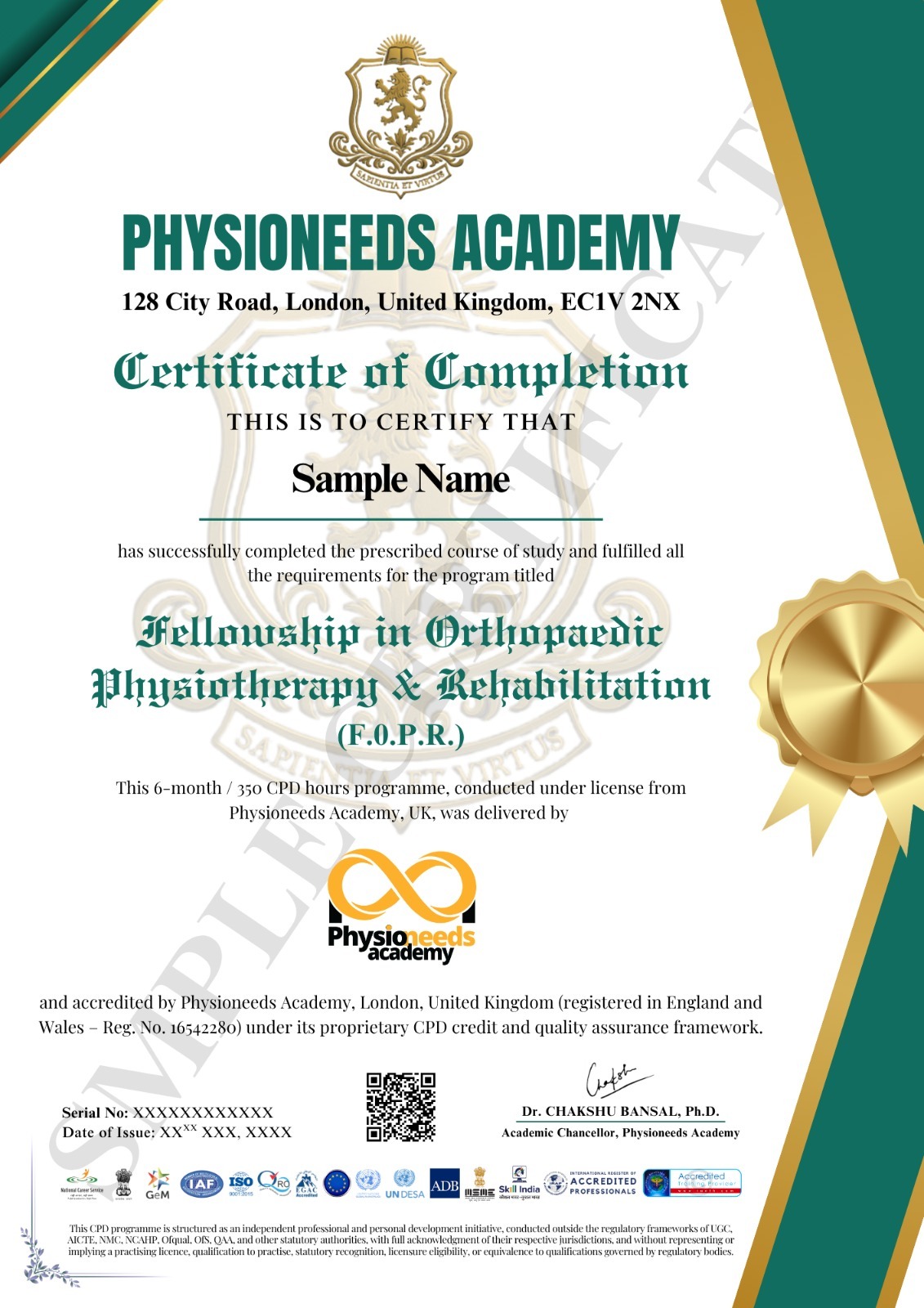 Sample FOPR Fellowship in Orthopaedic Physiotherapy and Rehabilitation certificate