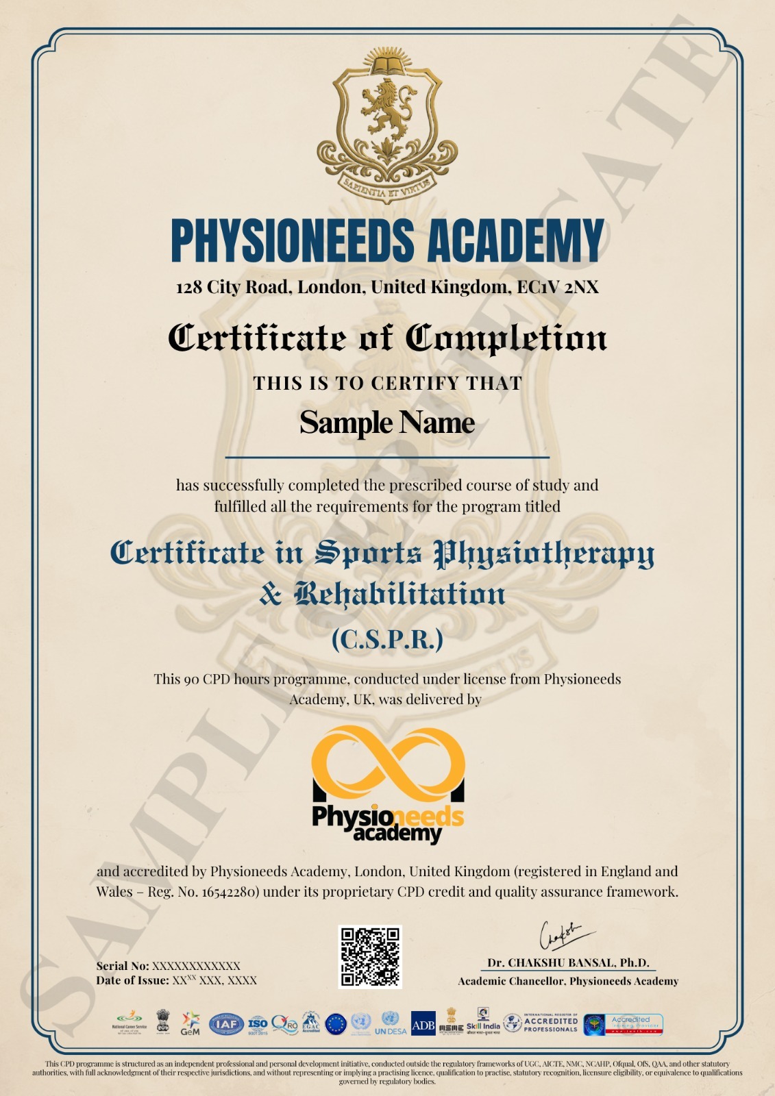 Sample CSPR Certificate in Sports Physiotherapy and Rehabilitation certificate