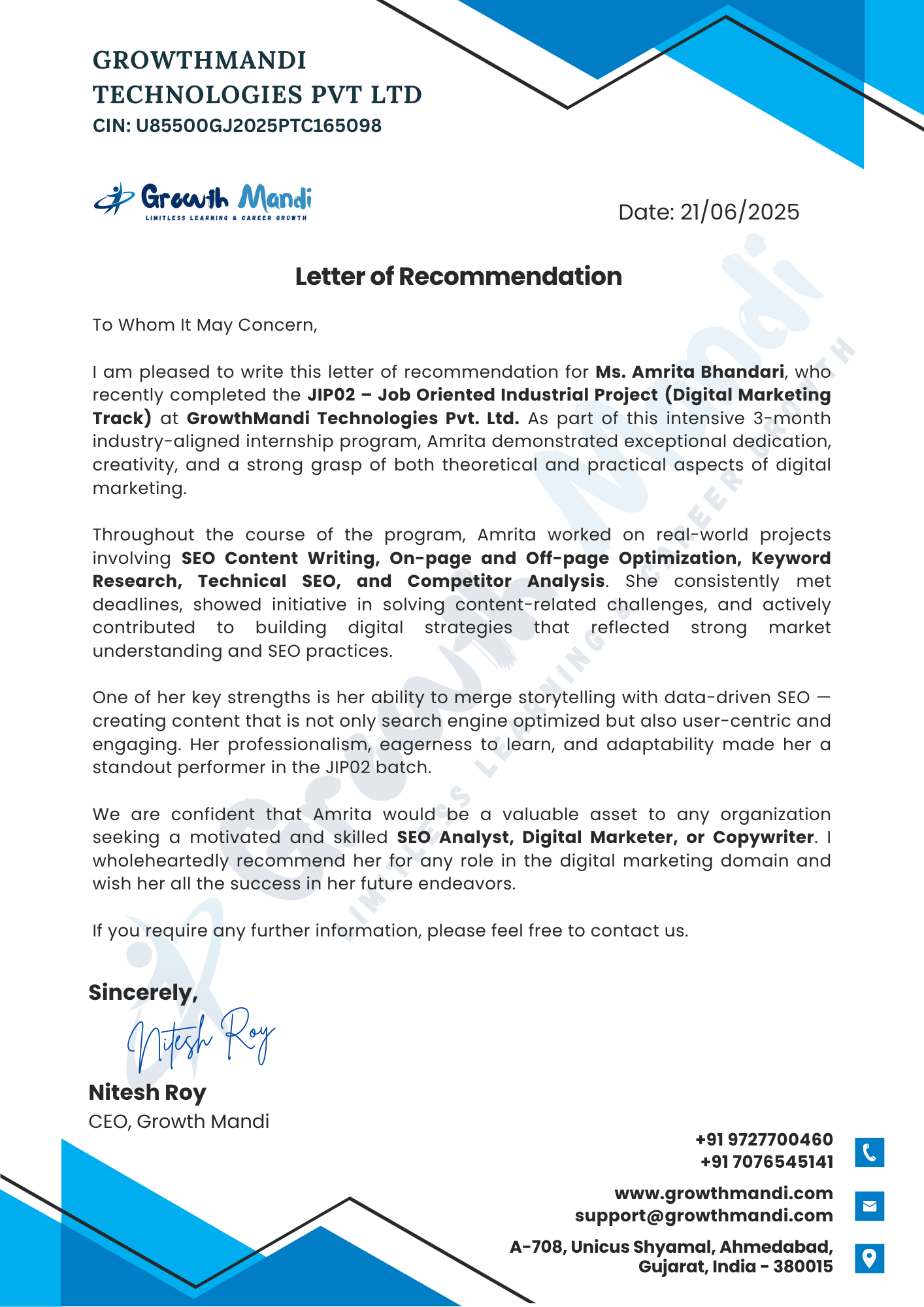 Letter of Recommendations by Growth Mandi