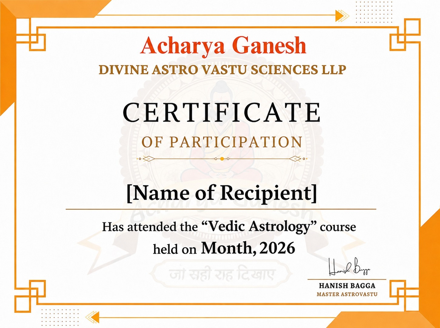 Certificate of Participation - Acharya Ganesh, Divine Astro Vastu Sciences LLP