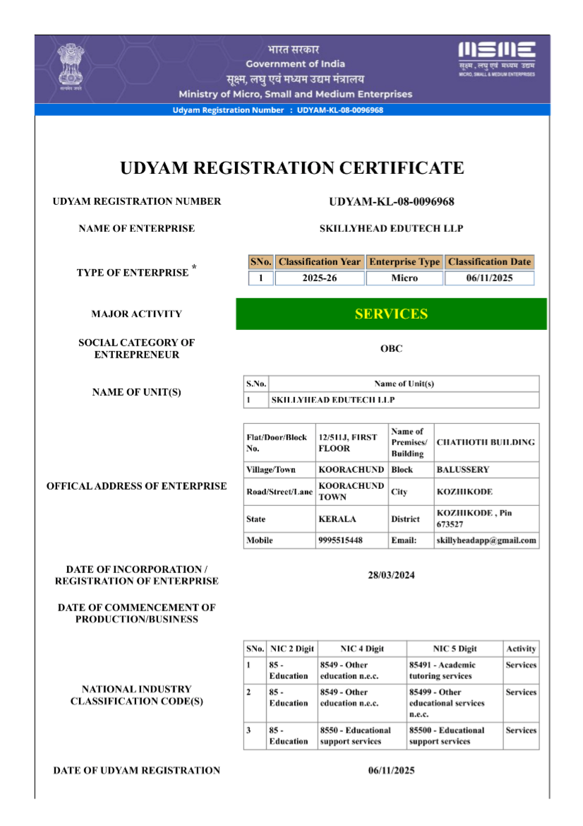 MSME Udyam Registration - SkillyHead Edutech LLP