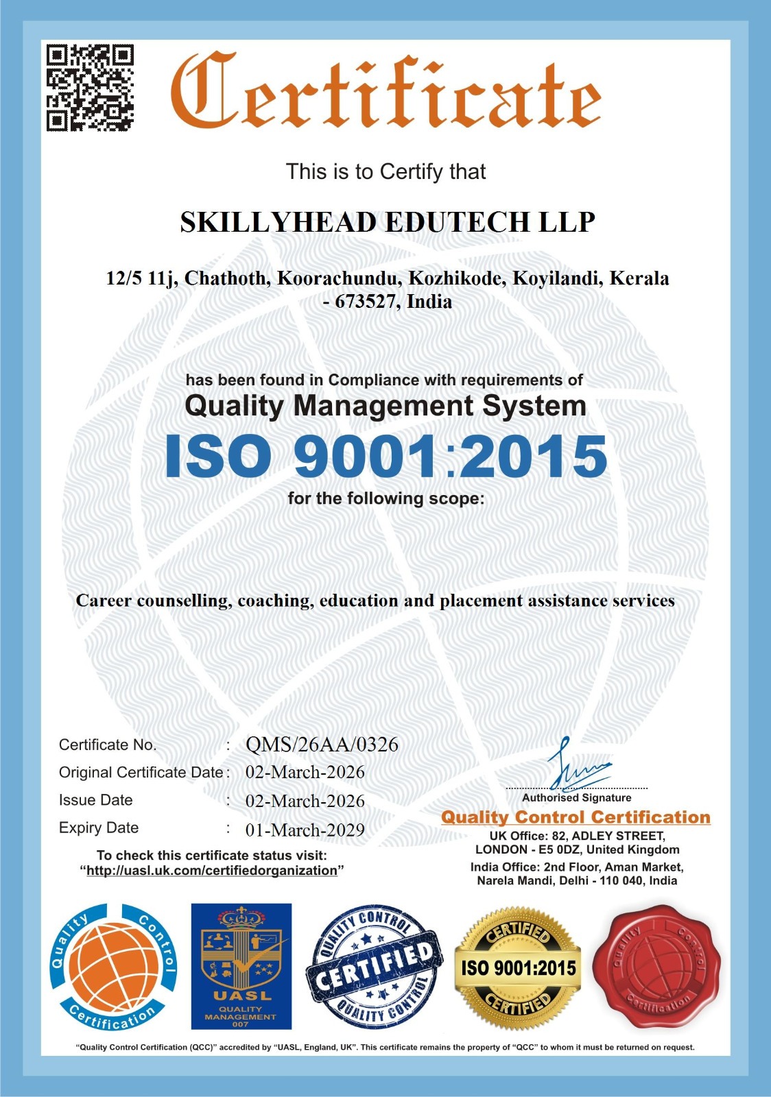 ISO 9001 Certificate - SkillyHead Edutech LLP