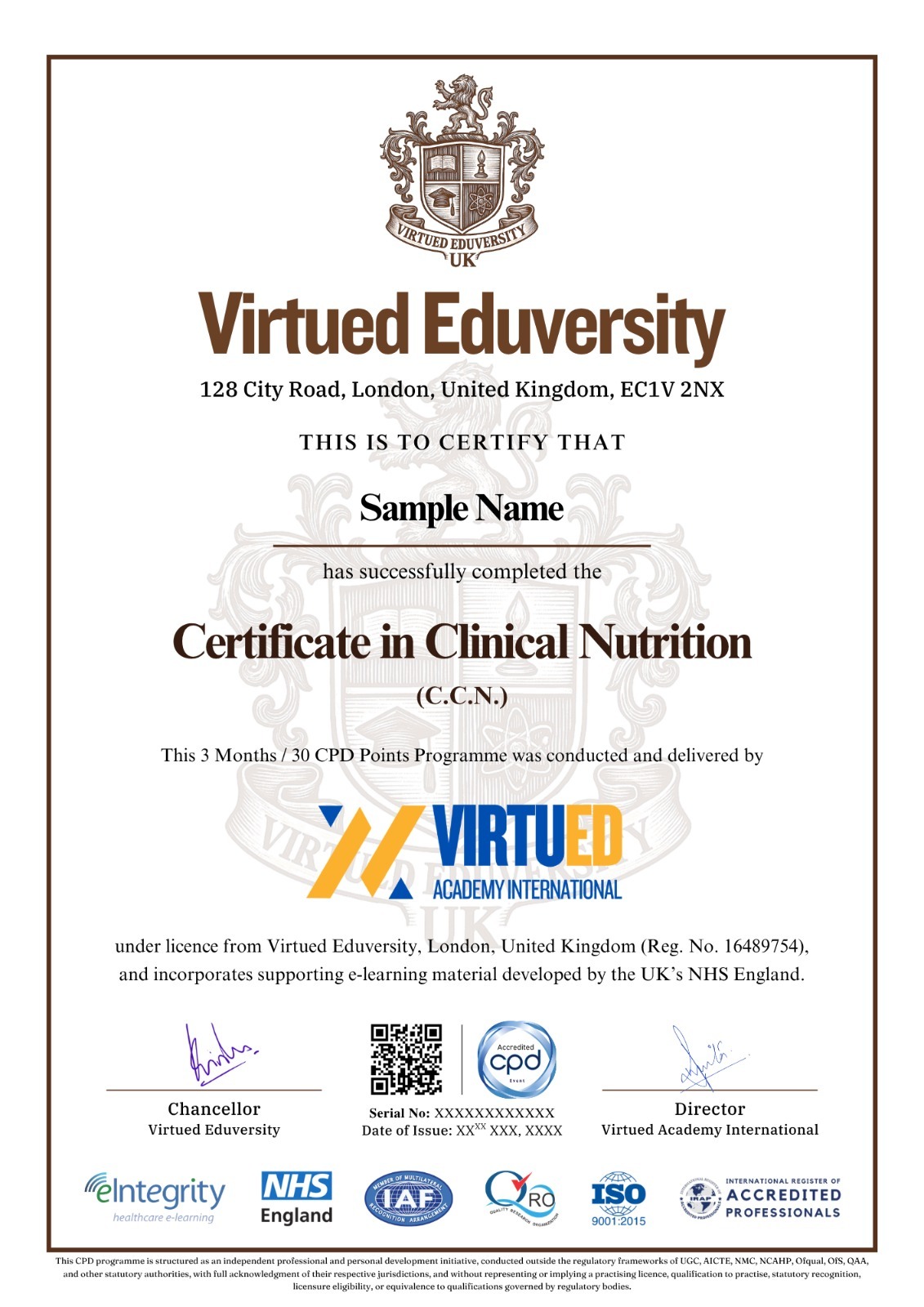 Certificate in Clinical Nutrition (C.C.N.) sample certificate