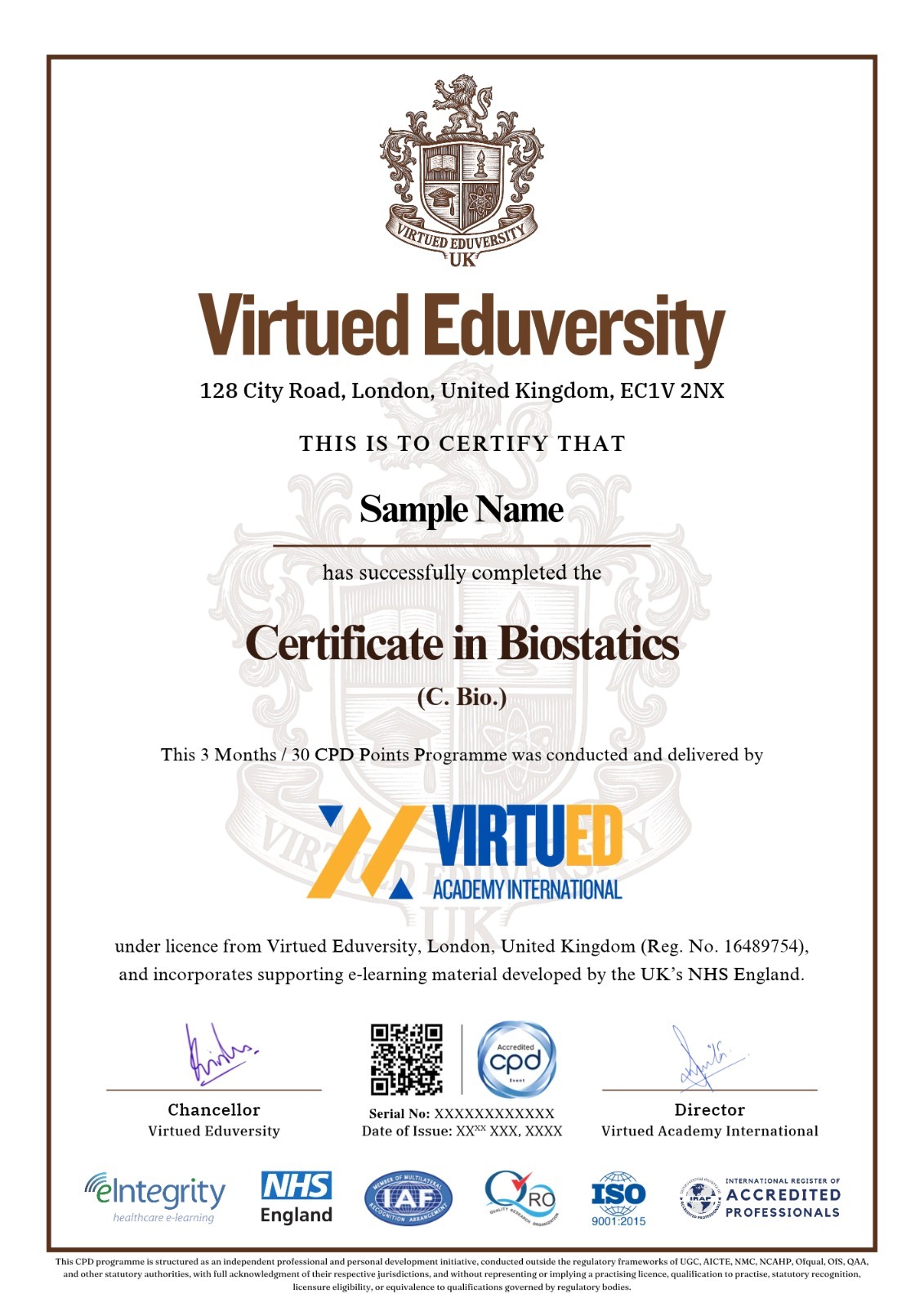 Certificate in Biostatistics certificate 1