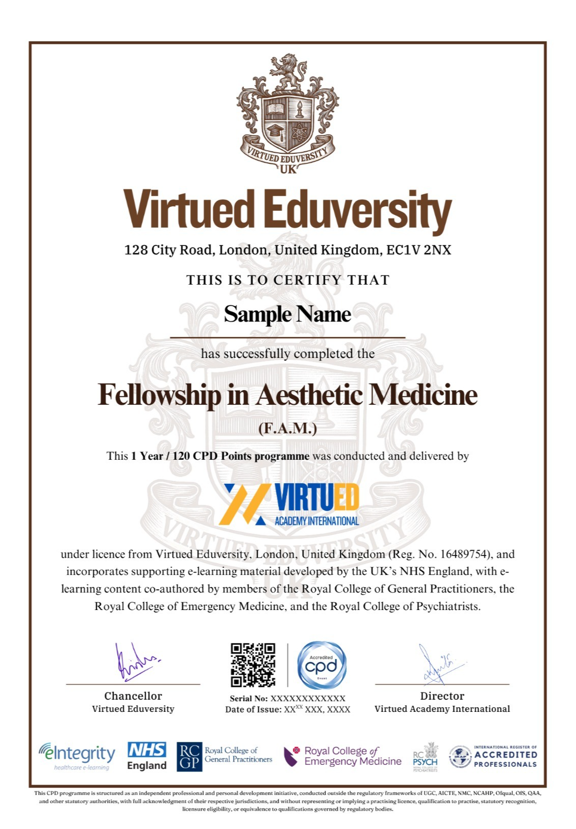 Fellowship in Aesthetic Medicine certificate 1