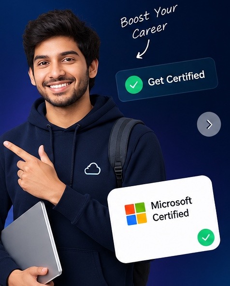 Microsoft 365 certification student holding a laptop