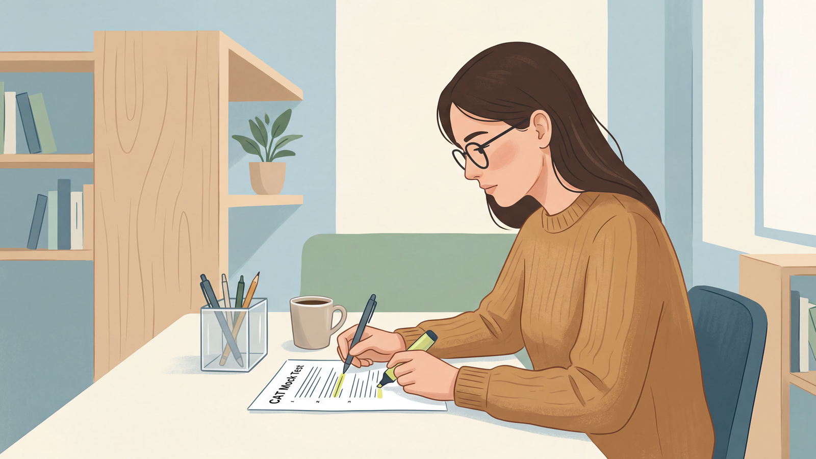 A student analyzing a printed mock test paper at a desk