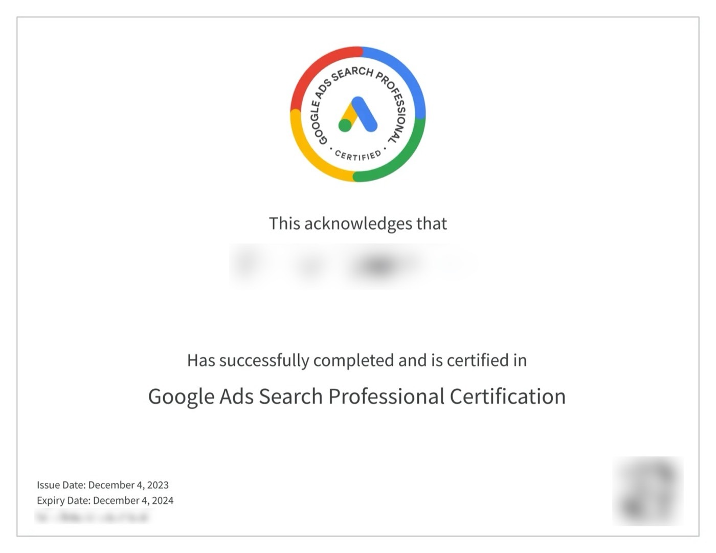 Sample Google Ads Search Professional certificate (holder details blurred)