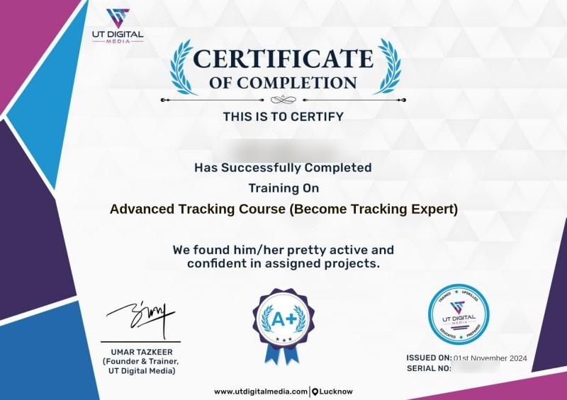 Sample UT Digital Media certificate of completion (student details blurred)