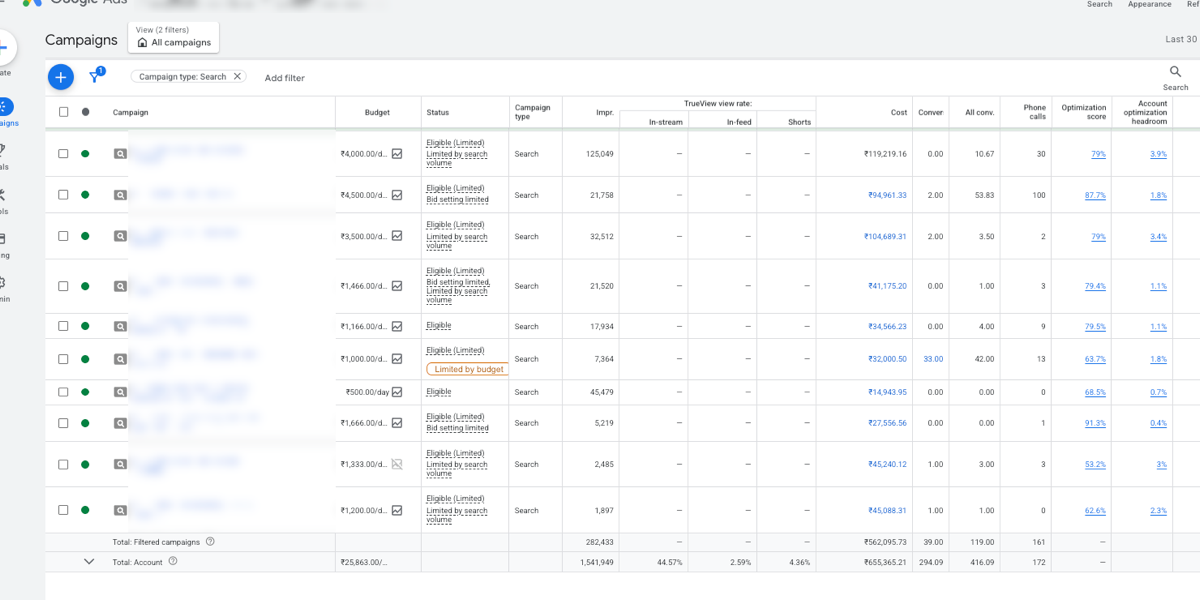 Google Ads Search campaigns report with campaign names blurred