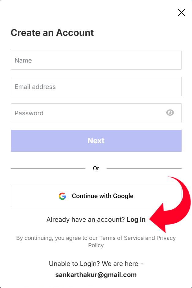 Create Account form with Log in link highlighted
