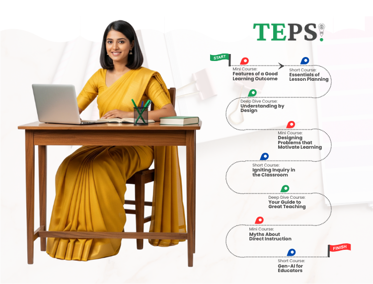 Teacher working on a laptop, upskilling herself with TEPS courses.