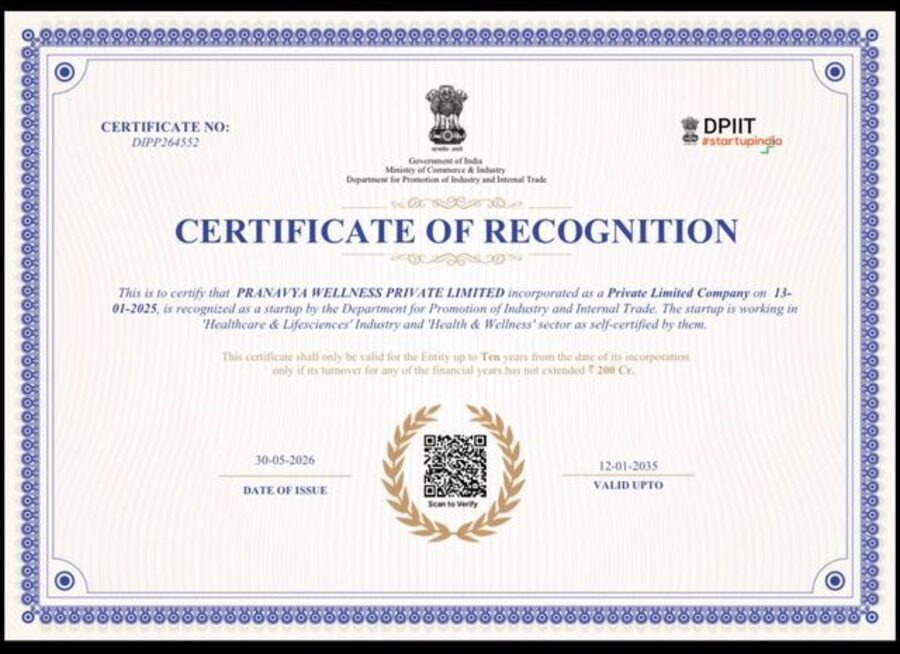 DPIIT Startup India Certificate of Recognition - Pranavya Wellness Private Limited